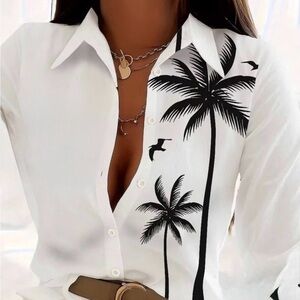 Women's White Palm Tree Print Blouse